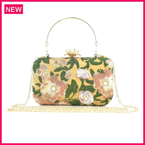 Vintage Embroidered Clutch Evening Bag Pearl Chain Shoulder Purse Wedding Guest - Picture 8 of 8